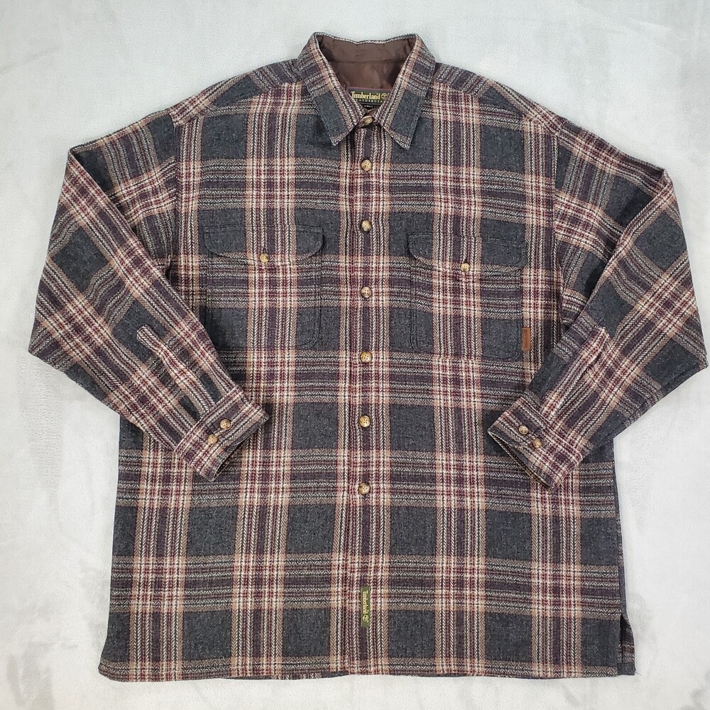 Timberland Weathergear Overshirt Mens Large Classic Fit Wool Plaid Earth Tones
